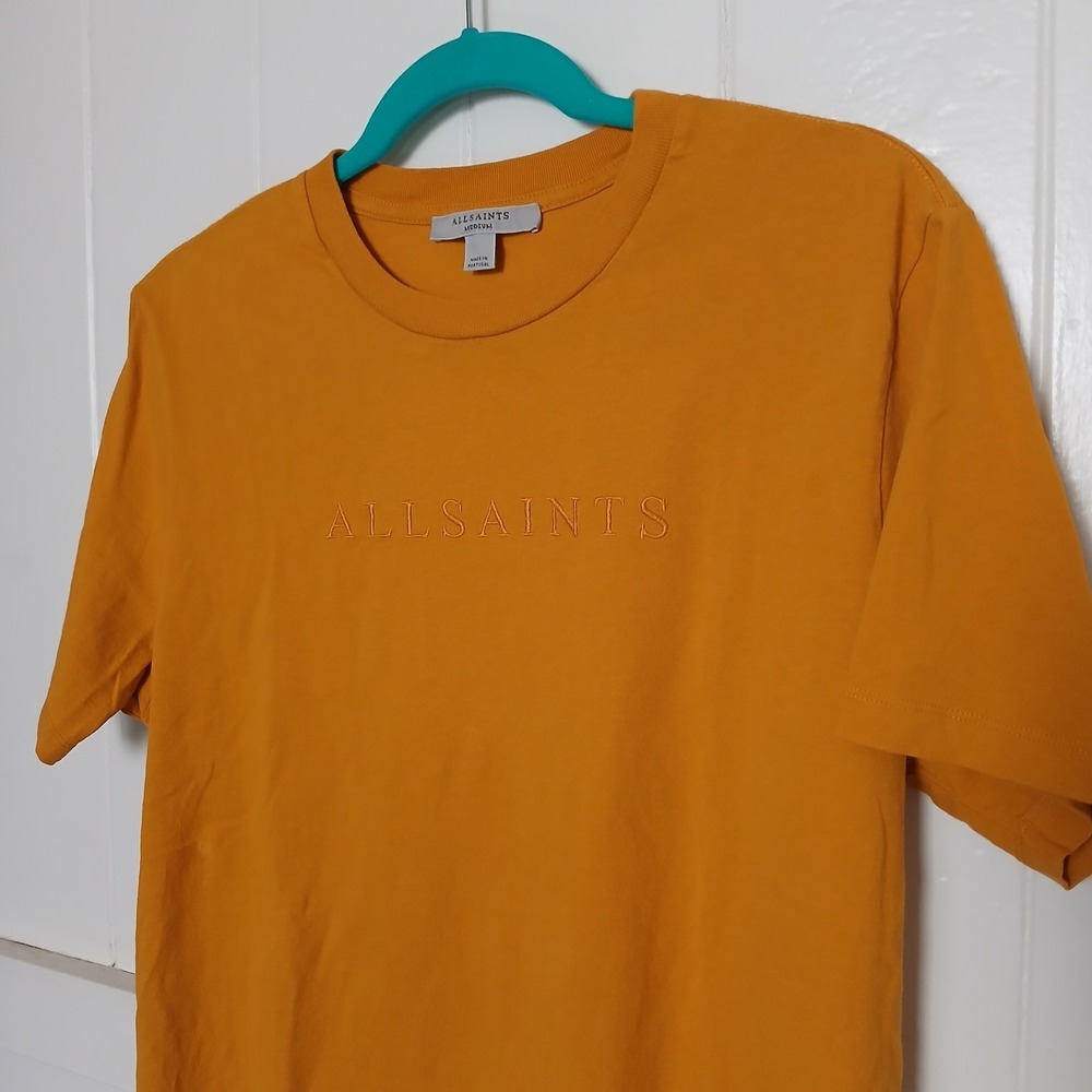 All Saints T-Shirt Pippa Boyfriend Tee Women's Medium Embroidered Yellow Mustard
